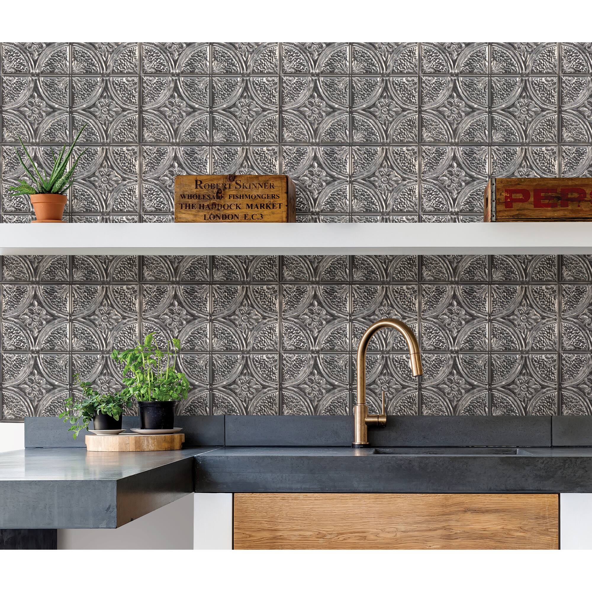 InHome Camden Antique Silver Faux Tin Peel & Stick Backsplash Tiles